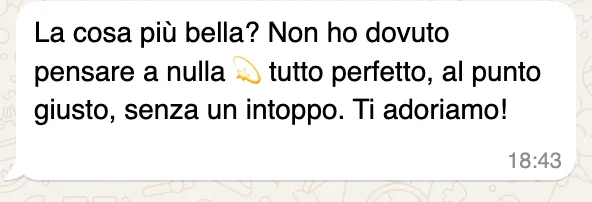 Messaggio WhatsApp: «La cosa più bella? Non ho dovuto pensare a nulla, tutto perfetto, al punto giusto, senza un intoppo. Ti adoriamo!»